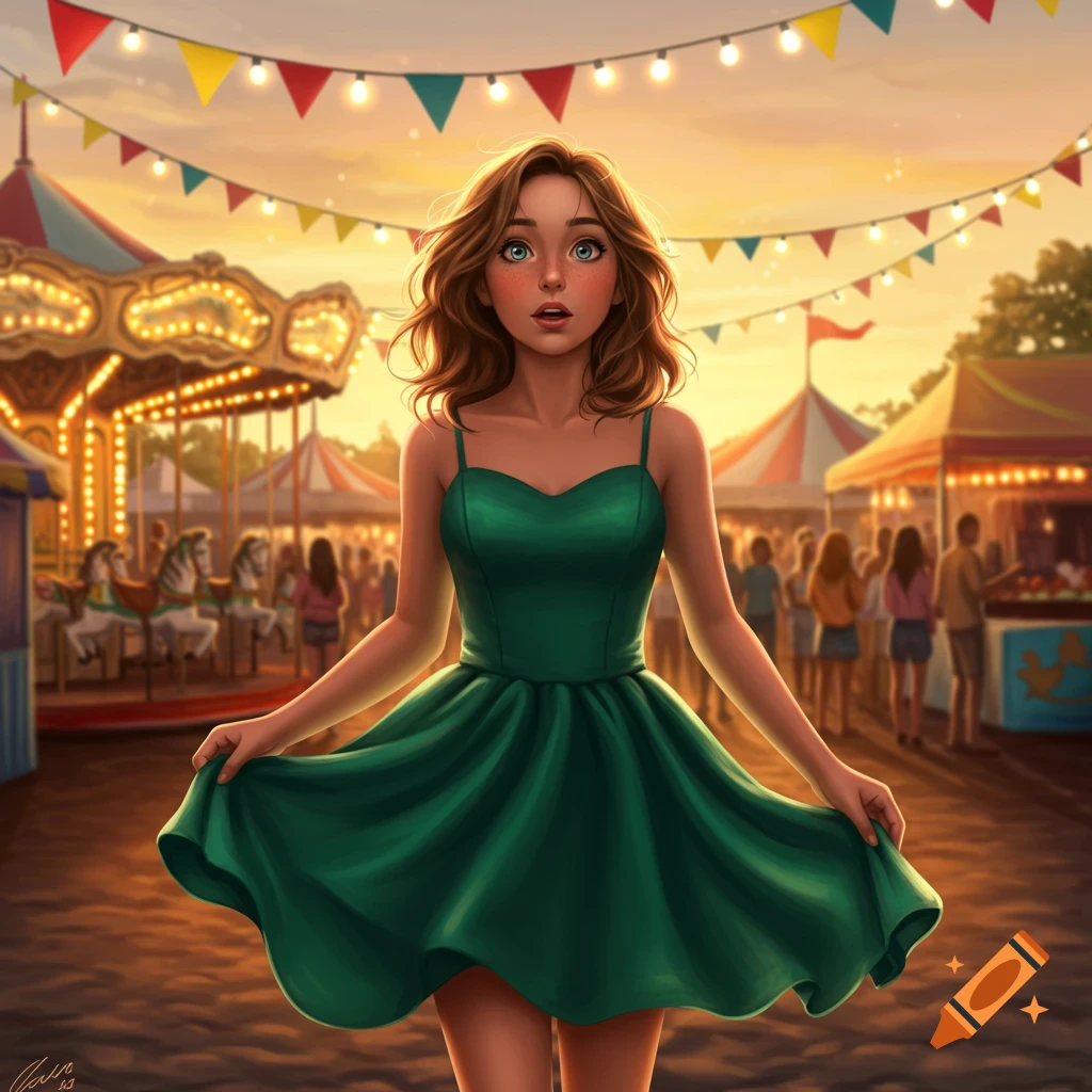 A young woman in a green dress stands at a vibrant carnival with a carousel and string lights under a sunset sky.
