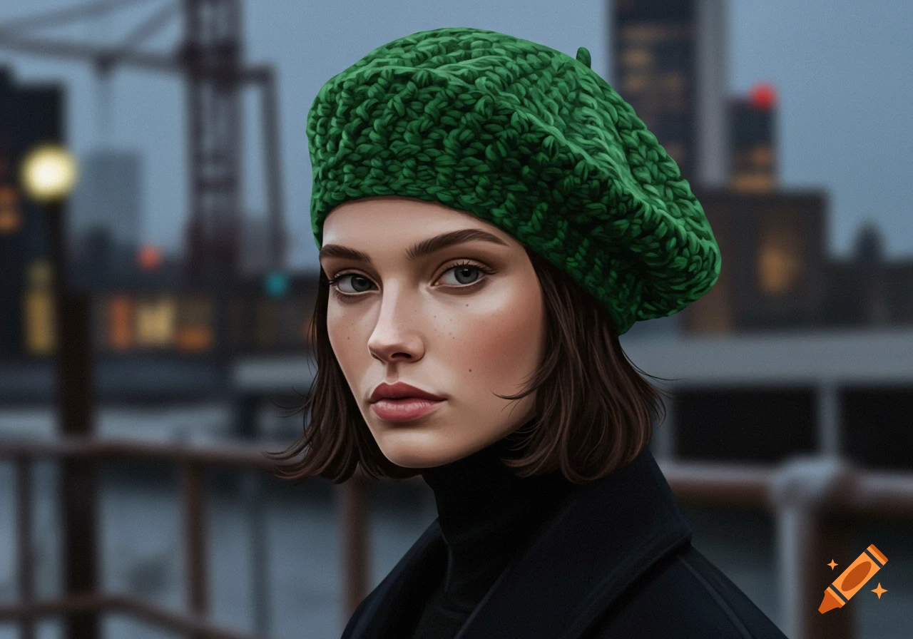 A woman wearing a green knitted beret and black turtleneck looks directly at the viewer, against a blurry city background.