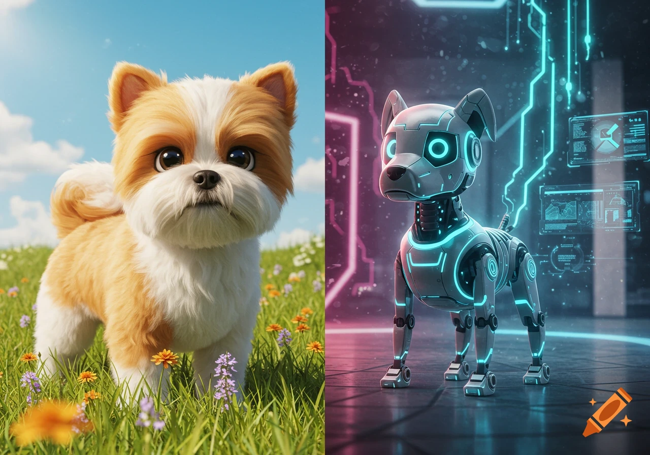 Split image showing a cartoon shih tzu in a grassy field on the left, and a futuristic robot dog in a digital environment on the right.