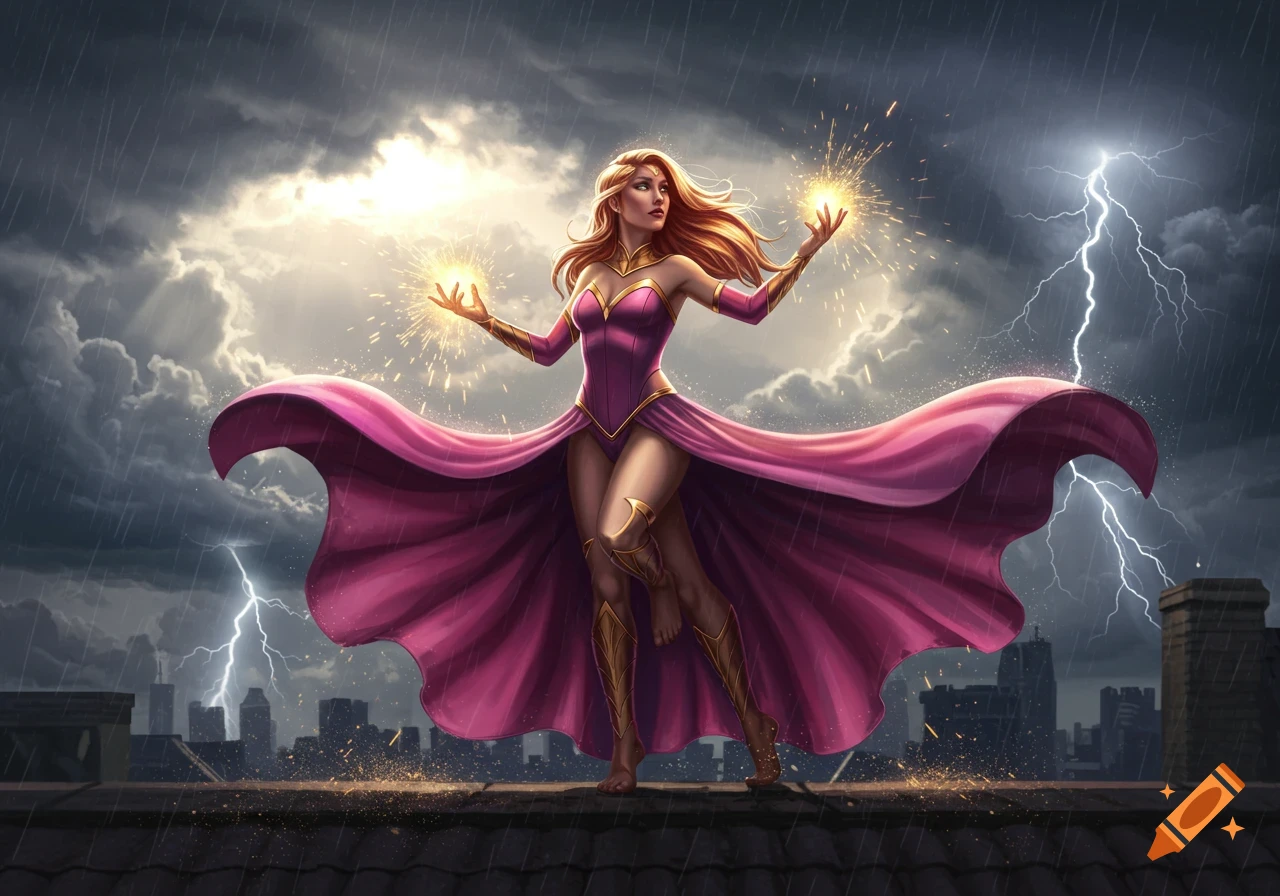 A female superhero in a pink and purple dress stands on a rooftop, hands glowing with sparks as lightning strikes a stormy sky.