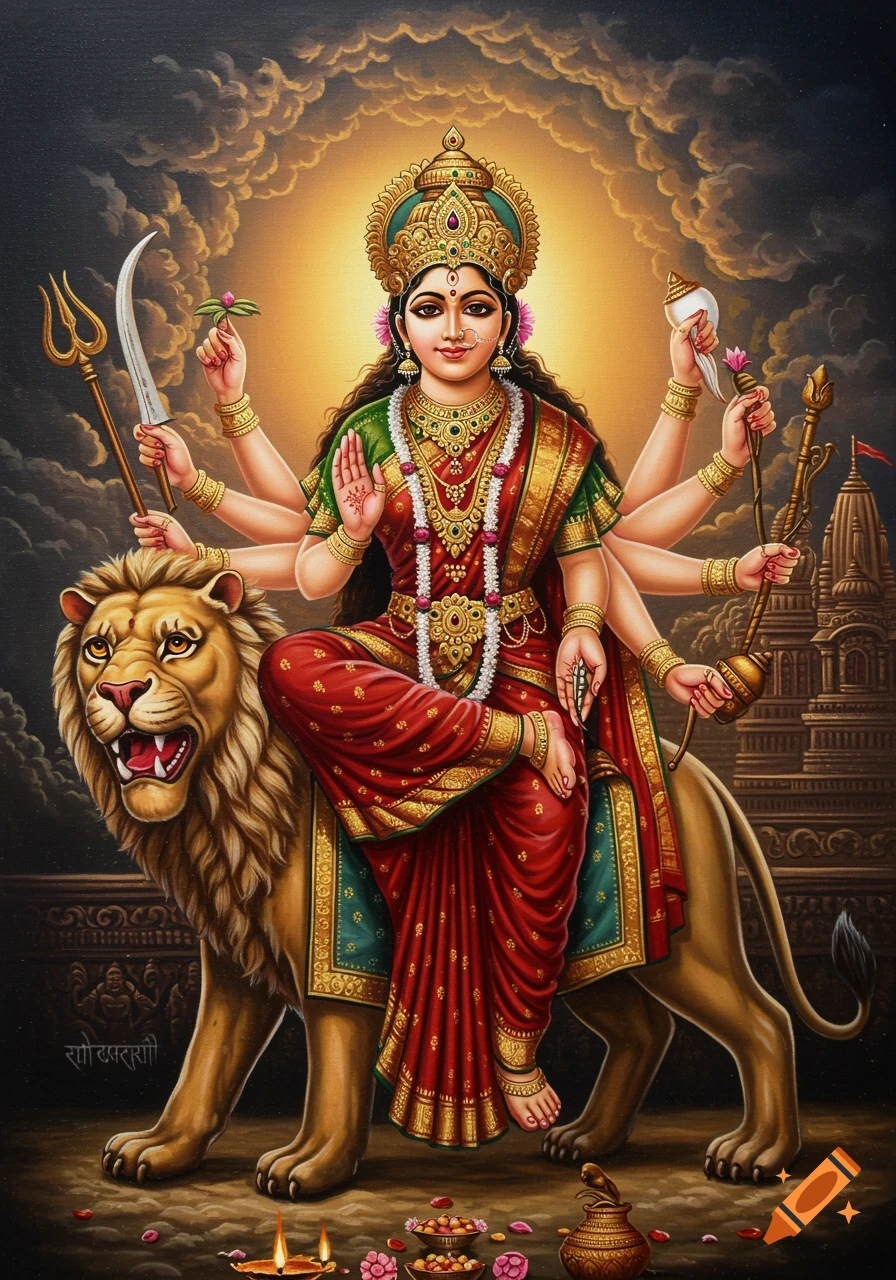 Hindu goddess Durga, multi-armed and adorned in red, sits on a golden lion with a radiant halo in an oil painting.