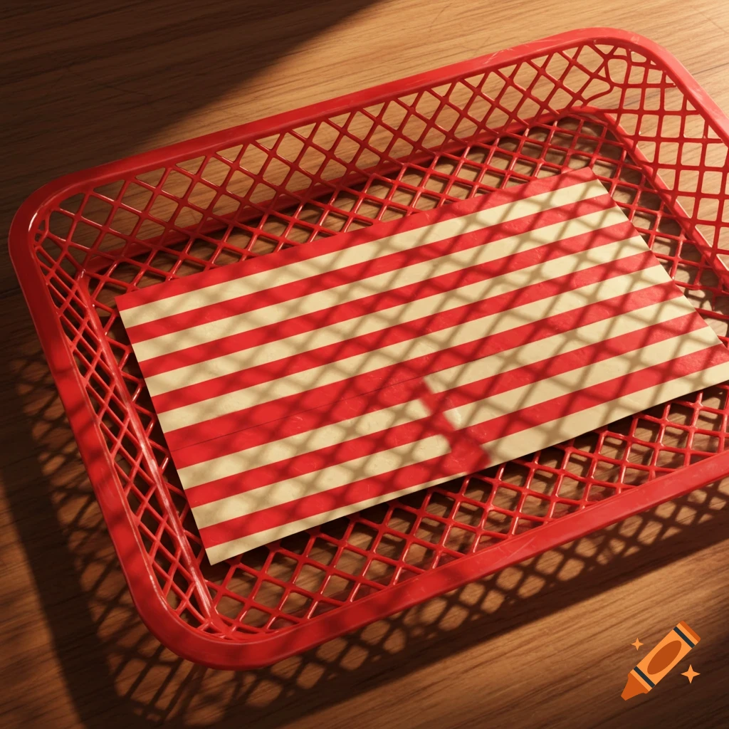 A red plastic mesh tray holds a red and beige striped paper on a wooden surface, with shadows cast across it.