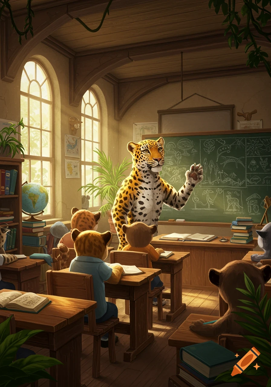A leopard teacher stands at a chalkboard, gesturing to a class of animal students in a sunlit classroom.