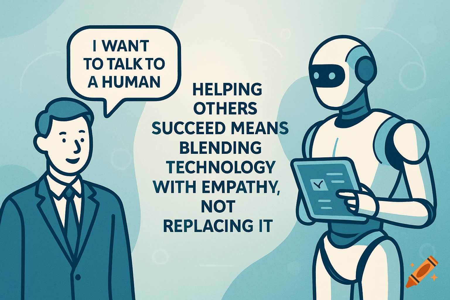Vector illustration of a man and a robot, with text 'I want to talk to a human' and 'Helping others succeed means blending technology with empathy, not replacing it.'