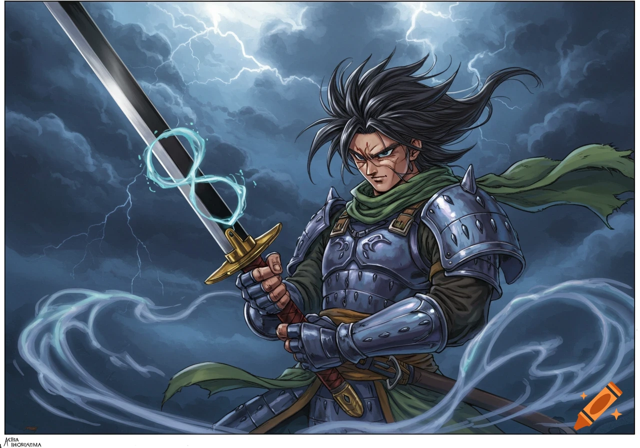 An anime-style warrior in blue armor with spiky hair holds a sword with an infinity symbol glow against a stormy, lightning-filled sky.