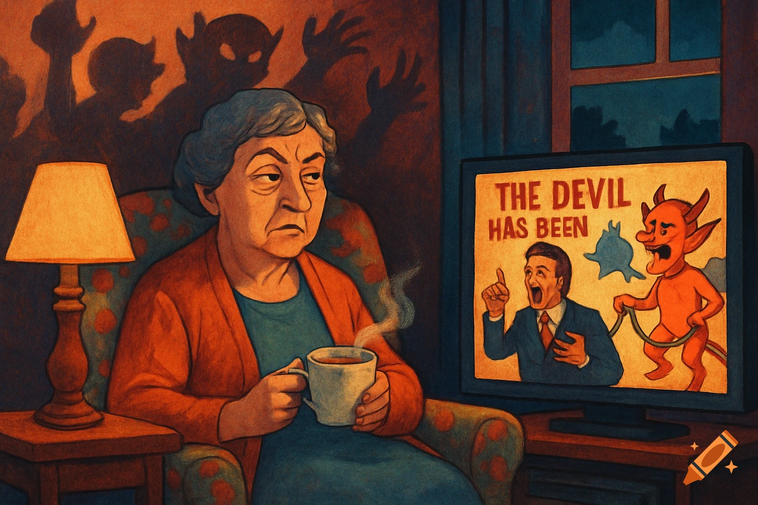 An old woman sits in an armchair, drinking tea and watching a TV broadcast about a man yelling about the devil, while devilish shadows loom behind her.