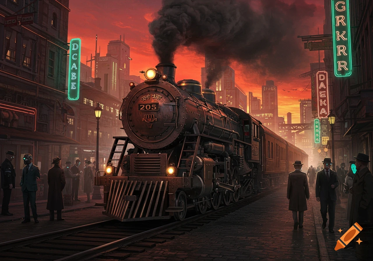 A large dieselpunk train with glowing headlights on tracks in a city street at sunset, with neon signs and people around.