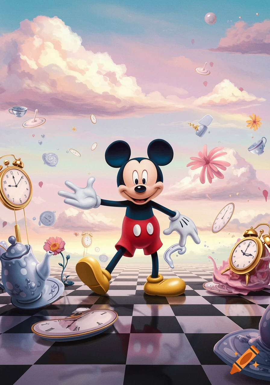 Mickey Mouse stands on a checkered floor in a surreal landscape with melting clocks, floating teacups, and pink clouds.