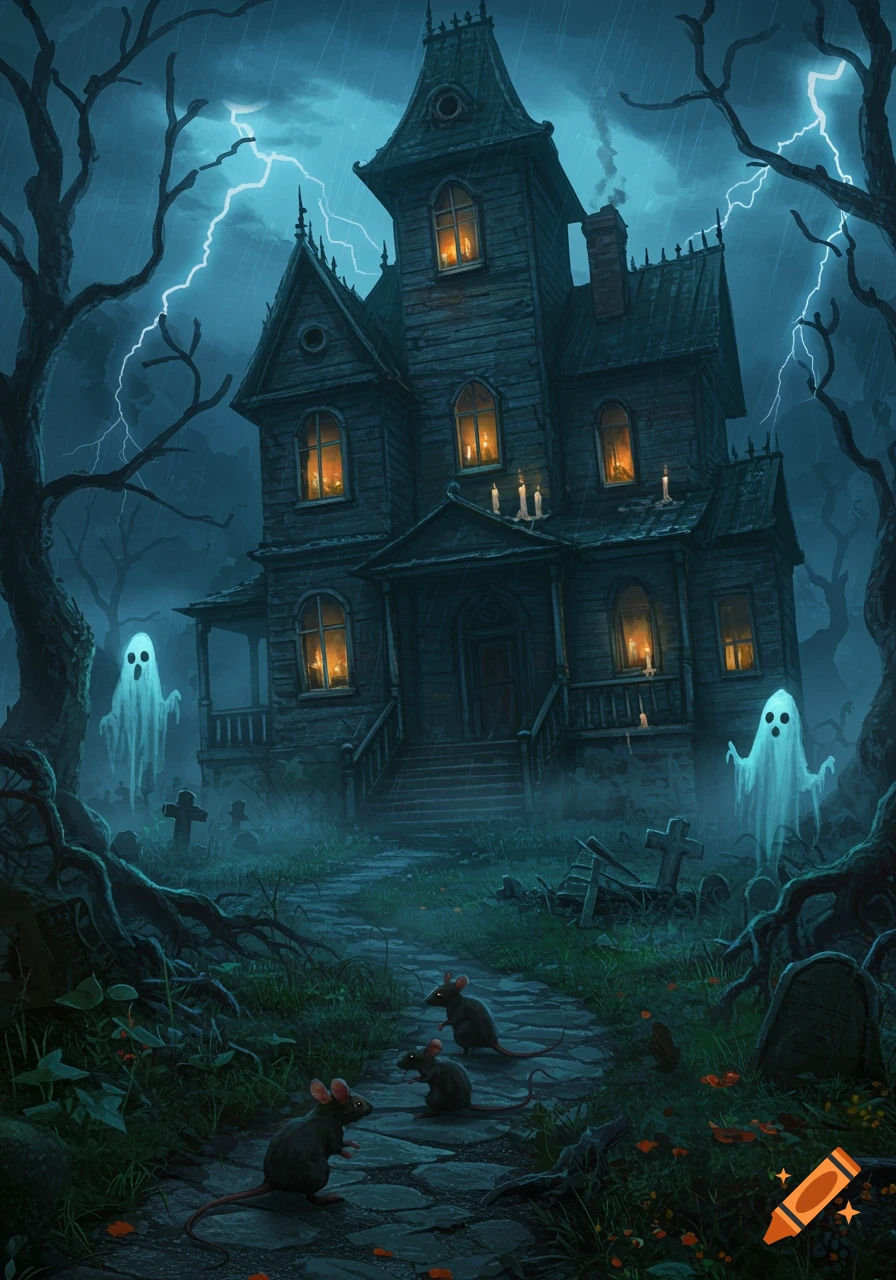 Illustrated haunted house on a stormy night with lightning, two ghosts, and three rats on a path leading to the entrance.