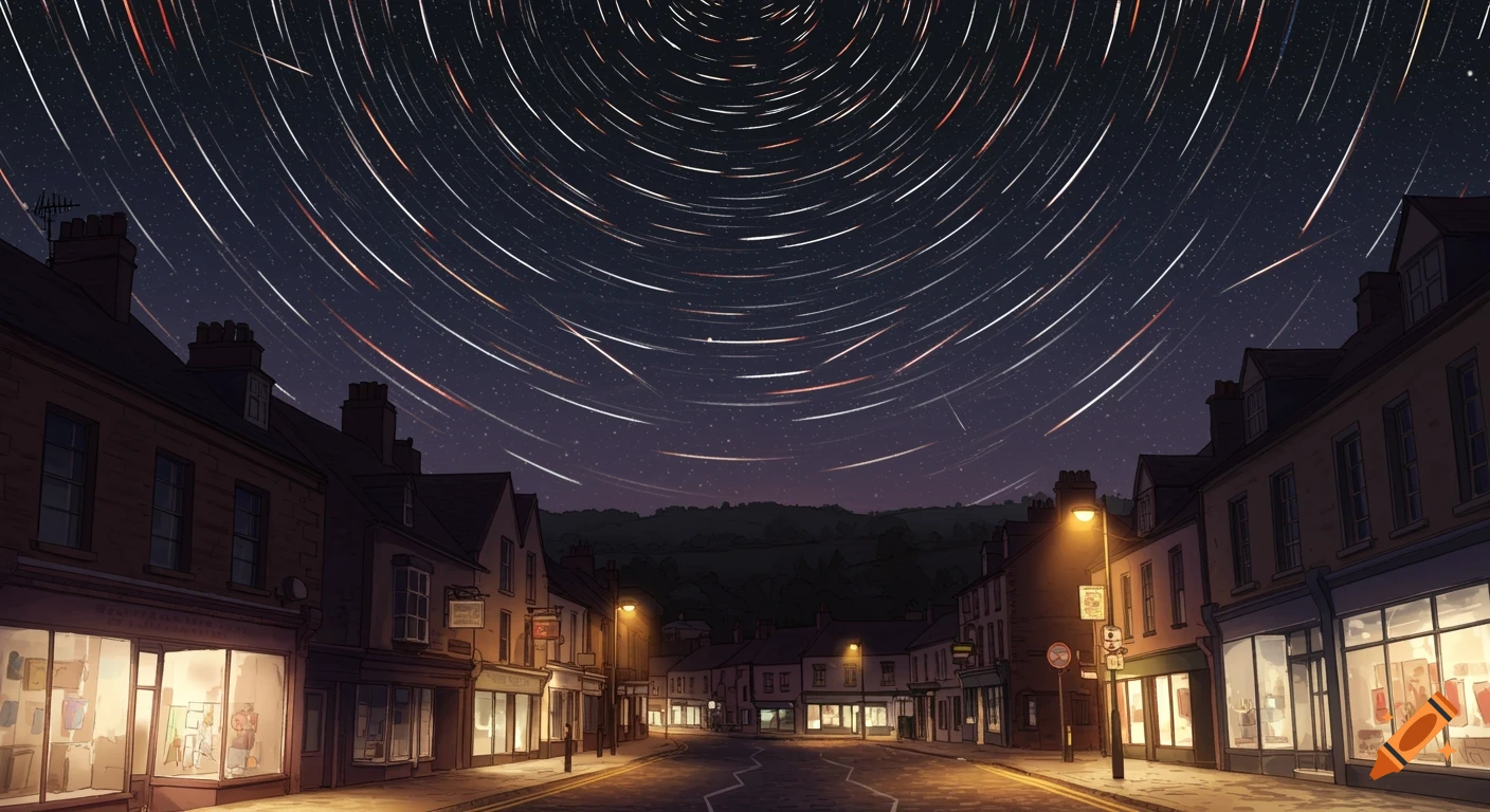 An illustrated view of a high street at night, with long, arcing star trails and meteors filling the dark sky above.