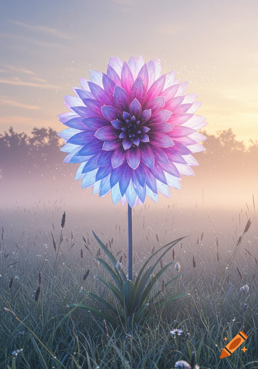 A large, glowing purple and blue flower stands tall in a misty, grassy field under a warm, gradient sky at sunrise or sunset.