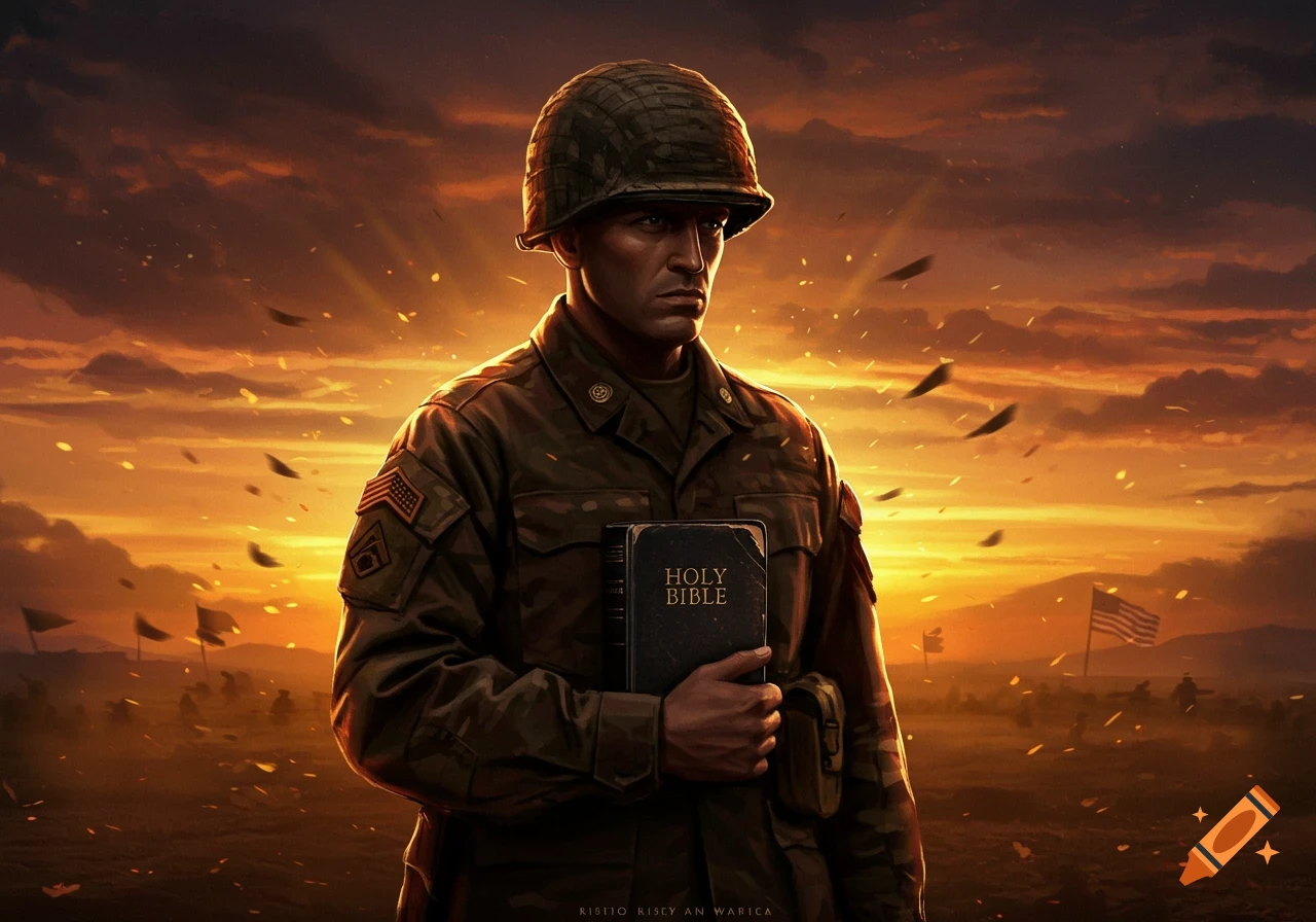 An illustrative image of a US soldier holding a Bible on a battlefield at sunset, with an American flag in the background.