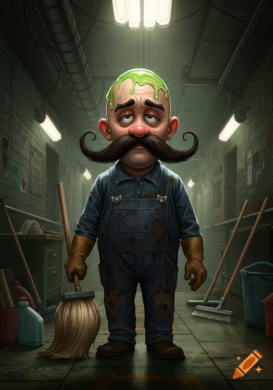 A cartoon janitor with a large mustache and green slime on his bald head, wearing overalls and holding a mop in a dimly lit hallway.