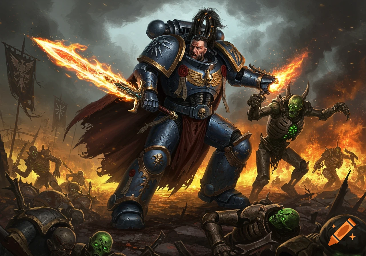 A heavily armored Space Marine battles skeletal Necrons with a flaming sword in a fiery war-torn landscape.