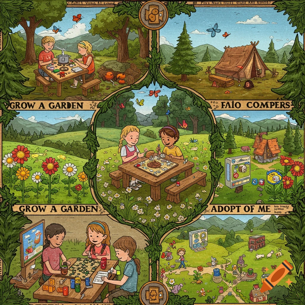 A colorful illustrated patch shows four scenes of children at a summer camp. Activities include gardening, camping, board games, and playing 'Grow a Garden' and 'Adopt Me' Roblox games.