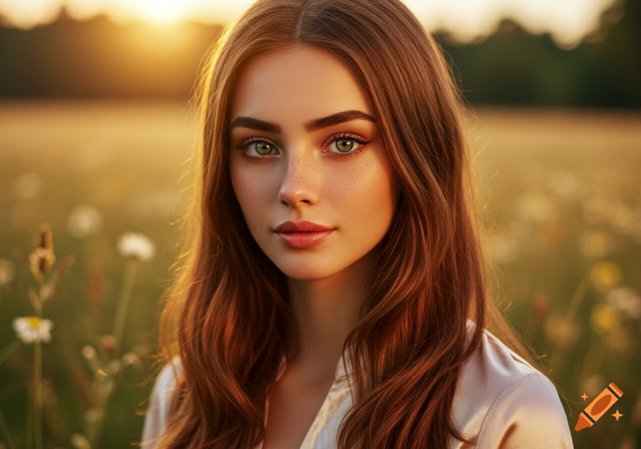 Photorealistic portrait of a young woman with long reddish-brown hair and green eyes, set against a blurred golden field at sunset.