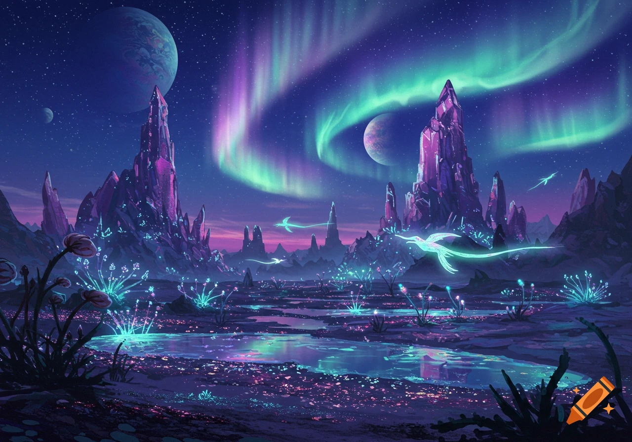 Vibrant alien landscape at night with purple and green aurora, glowing crystalline mountains, exotic plants, and two moons in the sky.