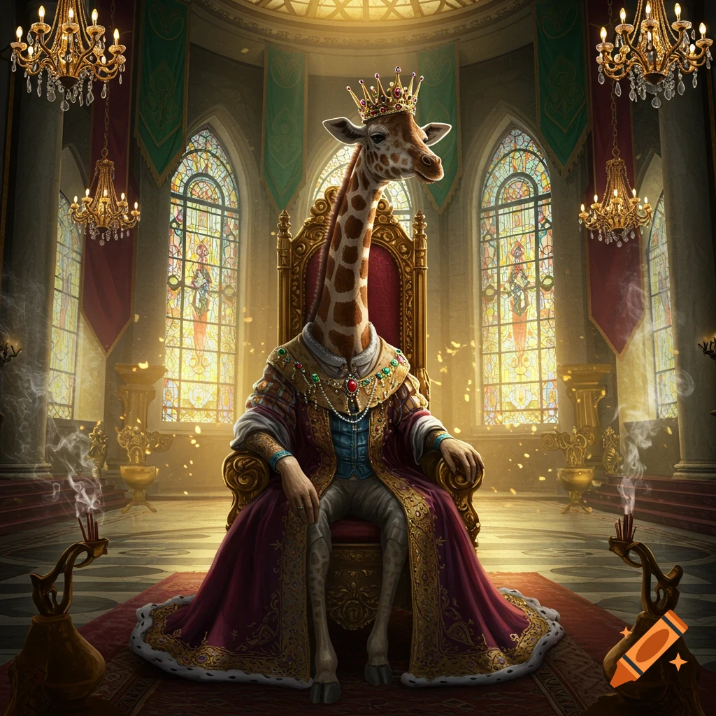 A majestic giraffe queen wearing a crown and royal robe sits on a golden throne in a grand fantasy palace with stained glass windows.