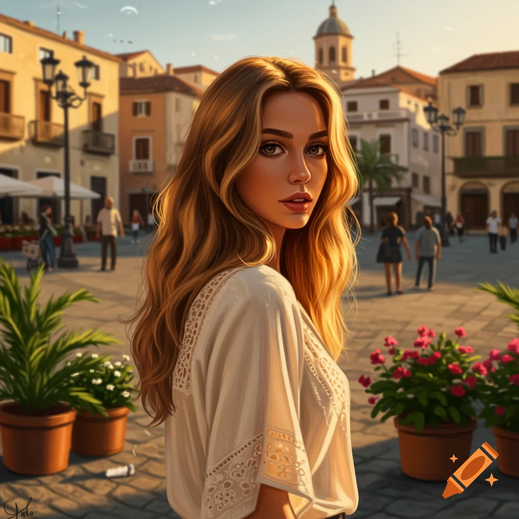 A photorealistic portrait of a woman with long, wavy blonde hair in a sunlit town square, looking over her shoulder. She wears a white blouse.