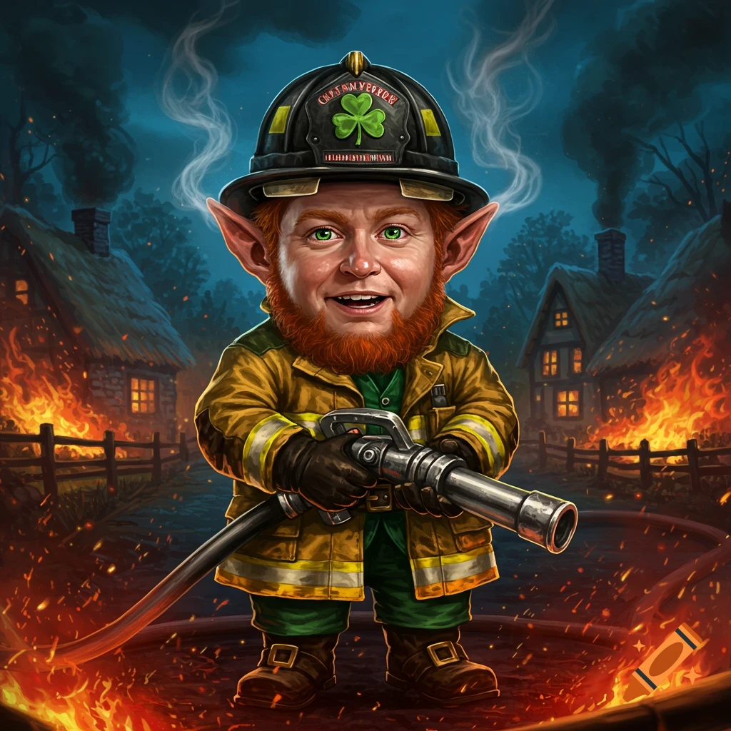 An illustration of a smiling leprechaun dressed as a firefighter, holding a hose nozzle, standing amidst roaring fires in a village setting.
