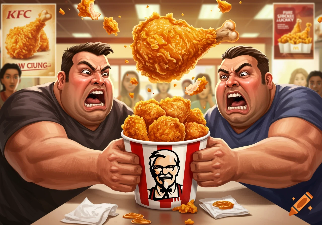 Cartoon of two muscular men intensely yelling and fighting over a bucket of fried chicken, with chicken pieces flying around them.