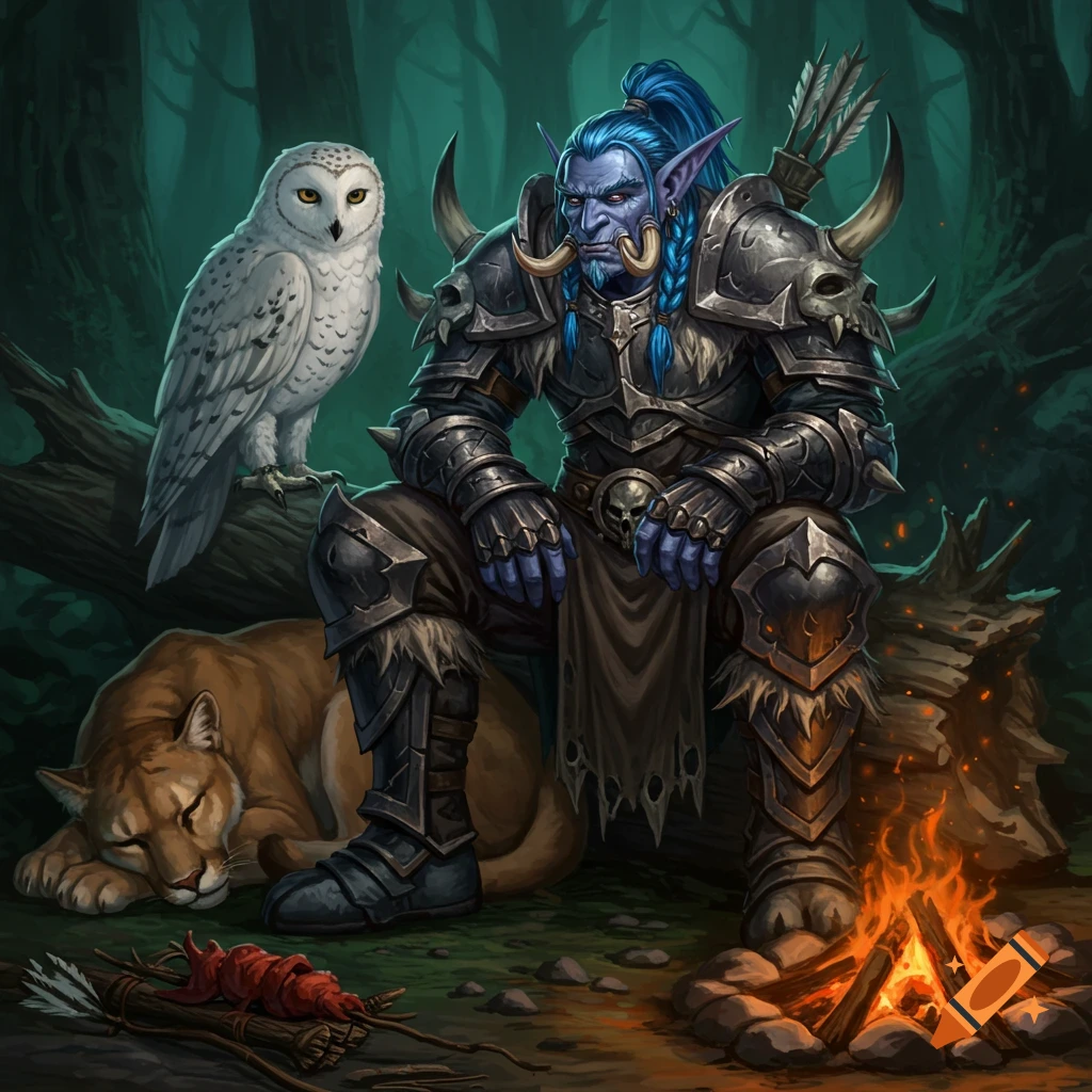 A blue-skinned troll hunter in armor sits by a campfire with a white owl and sleeping mountain lion in a dark forest, in a fantasy art style.