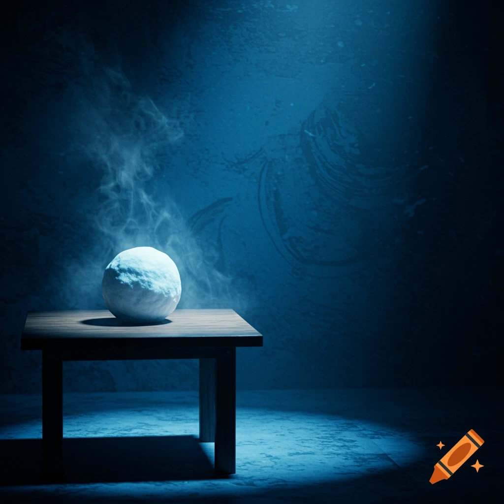 A glowing, textured snowball sits on a dark wooden table in a dimly lit, mysterious blue room with smoke rising around it.