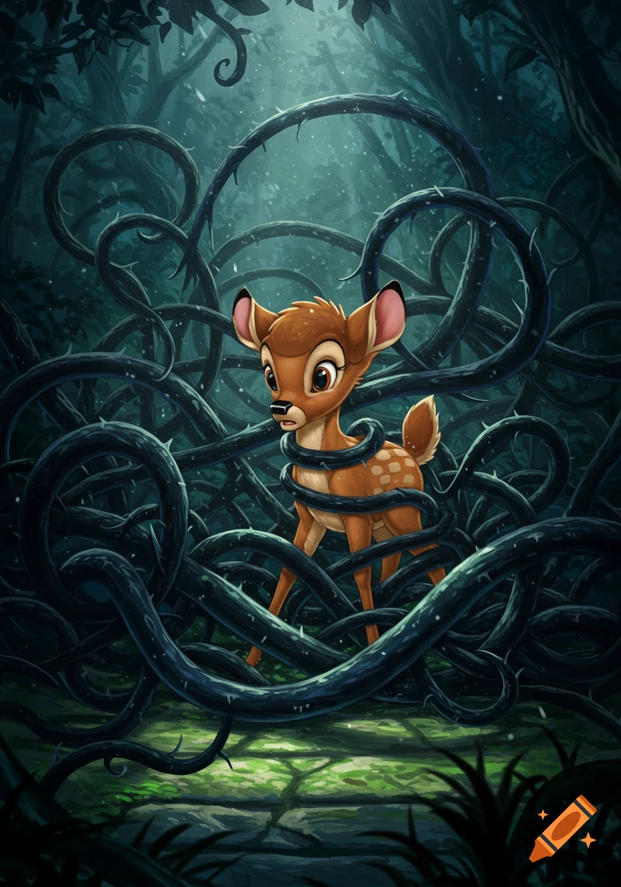 An animated fawn resembling Bambi is trapped by thick, dark thorny vines in a spooky, moonlit forest.