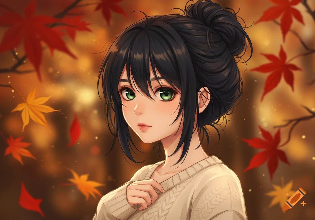 Anime girl with black hair in a messy bun and green eyes wearing a white sweater, surrounded by red and yellow autumn leaves.
