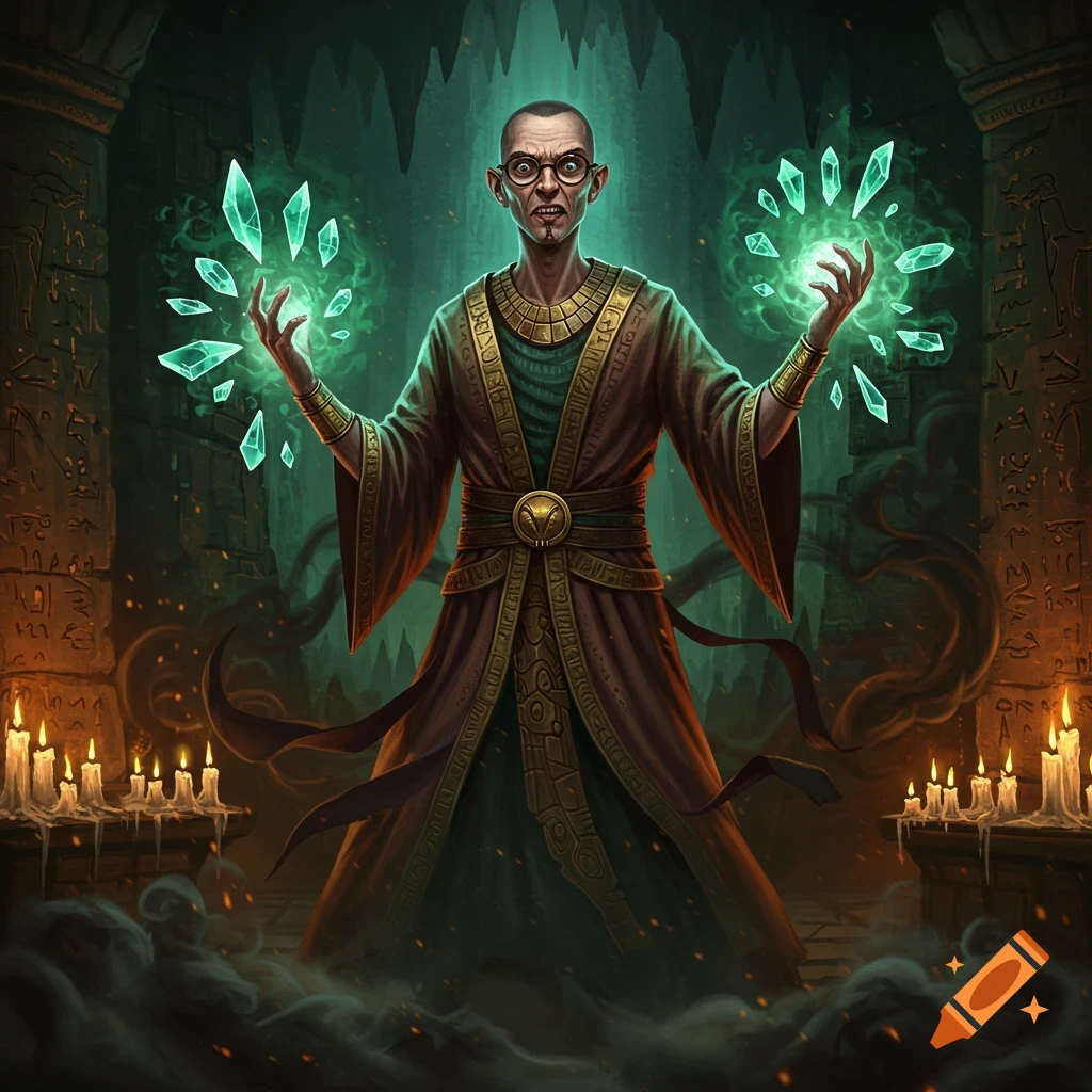 A bald, nerdy man in an ancient dark robe summons glowing green crystals in a mysterious, candlelit stone chamber.