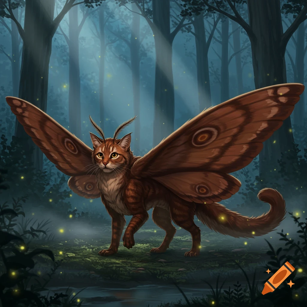 A cat with large brown moth wings and antennae stands in a magical forest lit by fireflies.