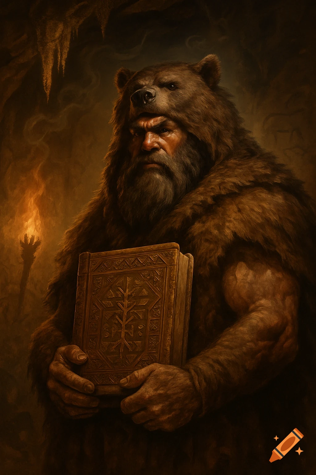 A rugged man wearing a bear skin over his head and body holds an ornate wooden book in a dark, torchlit cave.