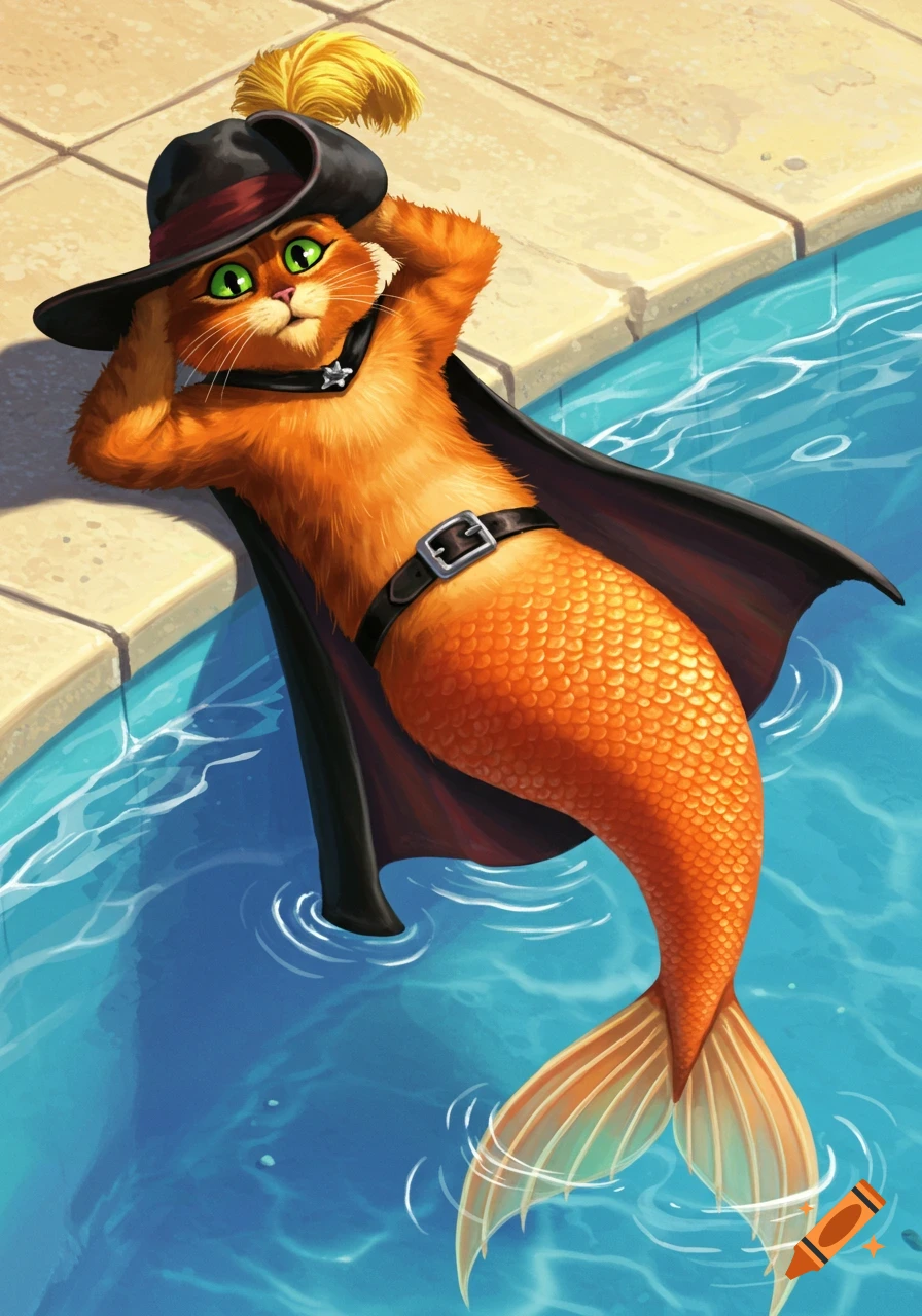 Puss in Boots as a mer-cat, wearing a black hat and cape, relaxing by the side of a pool.