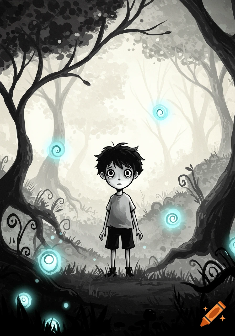 A black-haired boy with wide, distressed eyes stands in a dark, stylized grayscale forest with glowing blue spiral orbs.
