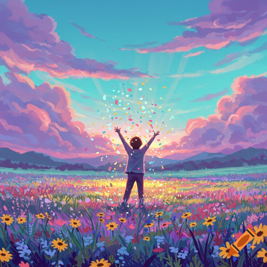 A person with arms raised stands in a vibrant, colorful wildflower field as confetti falls from a dazzling sunset sky.