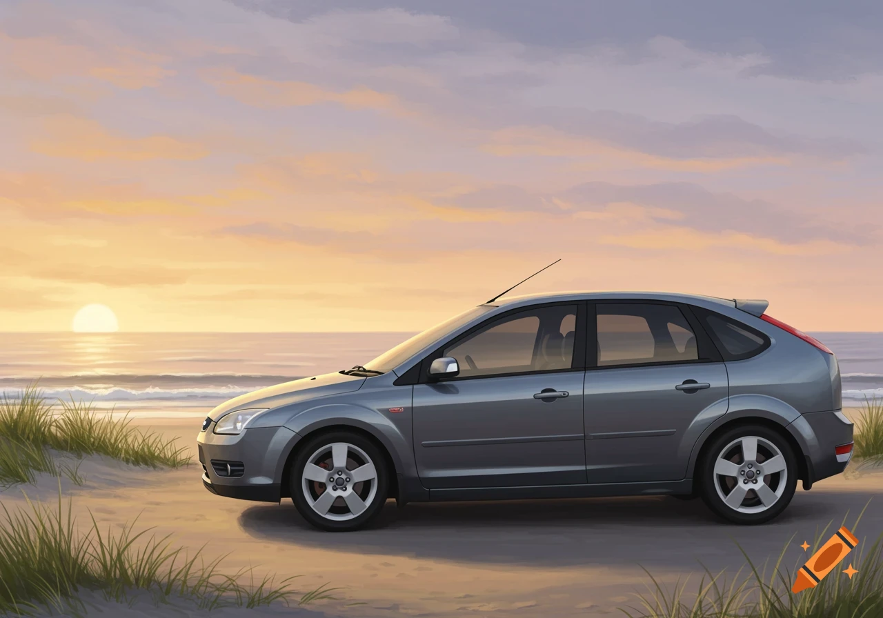 A gray Ford Focus hatchback parked on a sandy beach at sunset, with waves in the background.