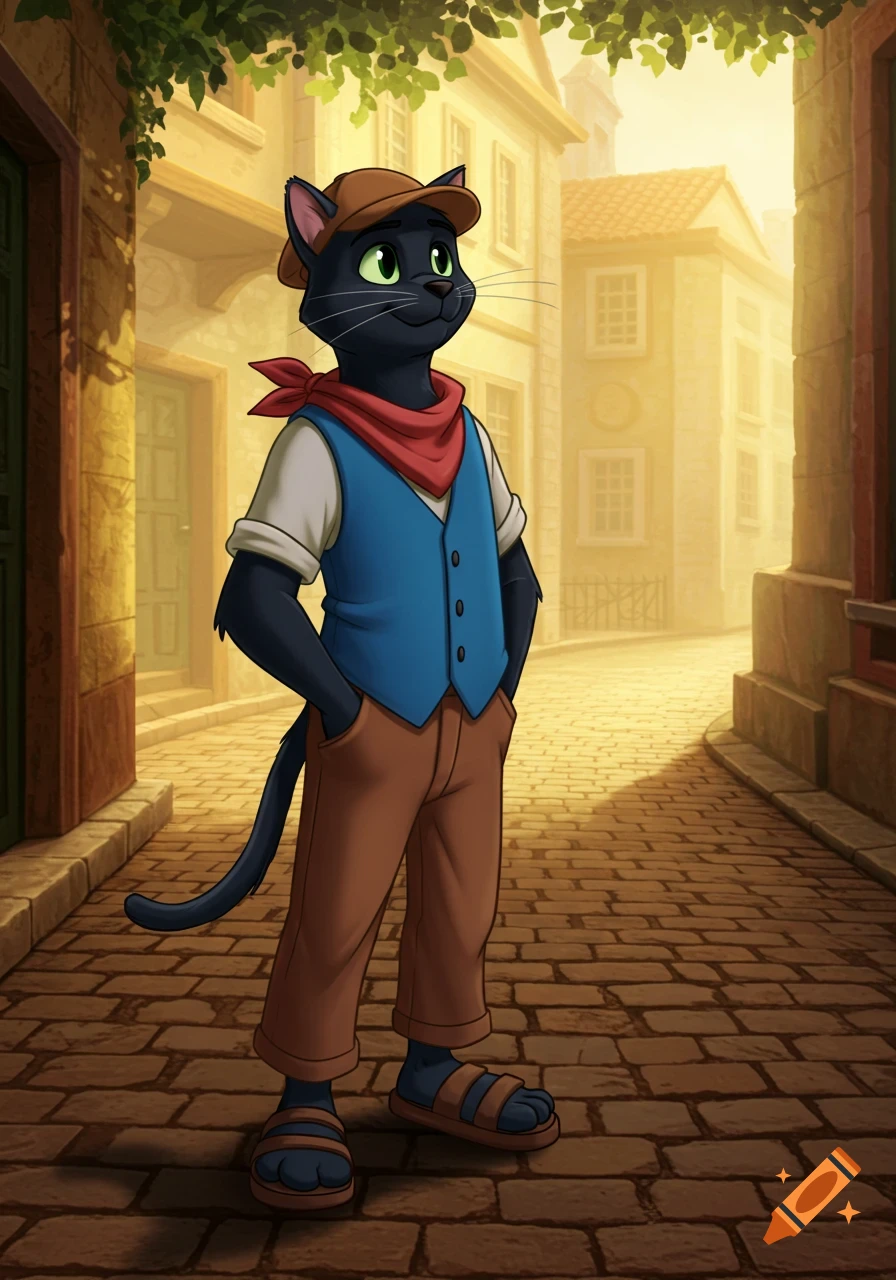 An anthropomorphic black cat in Don Bluth style, wearing a brown cap, red scarf, blue vest, brown pants, and sandals, stands with hands in pockets on a cobblestone street.