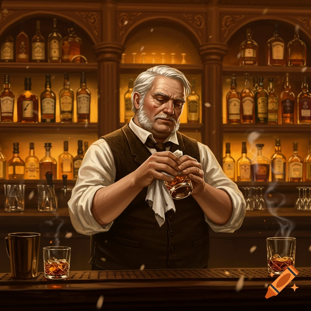 An old bartender with a white mustache and beard, wiping a glass behind a dimly lit bar filled with bottles, in a detailed digital painting.