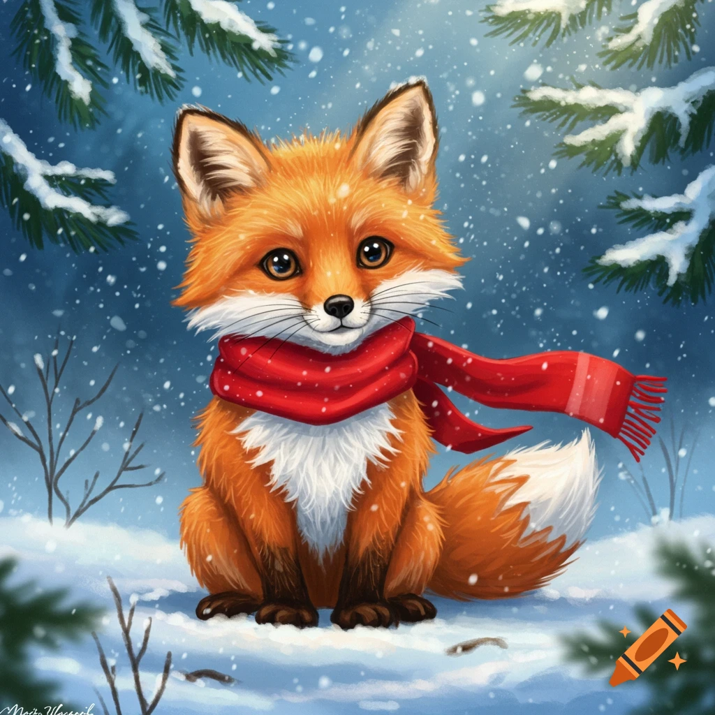 A cute, orange cartoon fox wearing a red scarf sits in a snowy forest while snow falls.