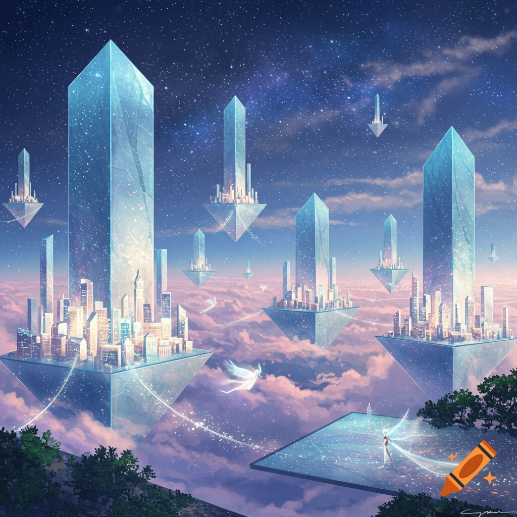 Floating crystal cities in a starlit, cloudy sky, with luminous pathways and ethereal winged figures, in a fantastical digital art style.