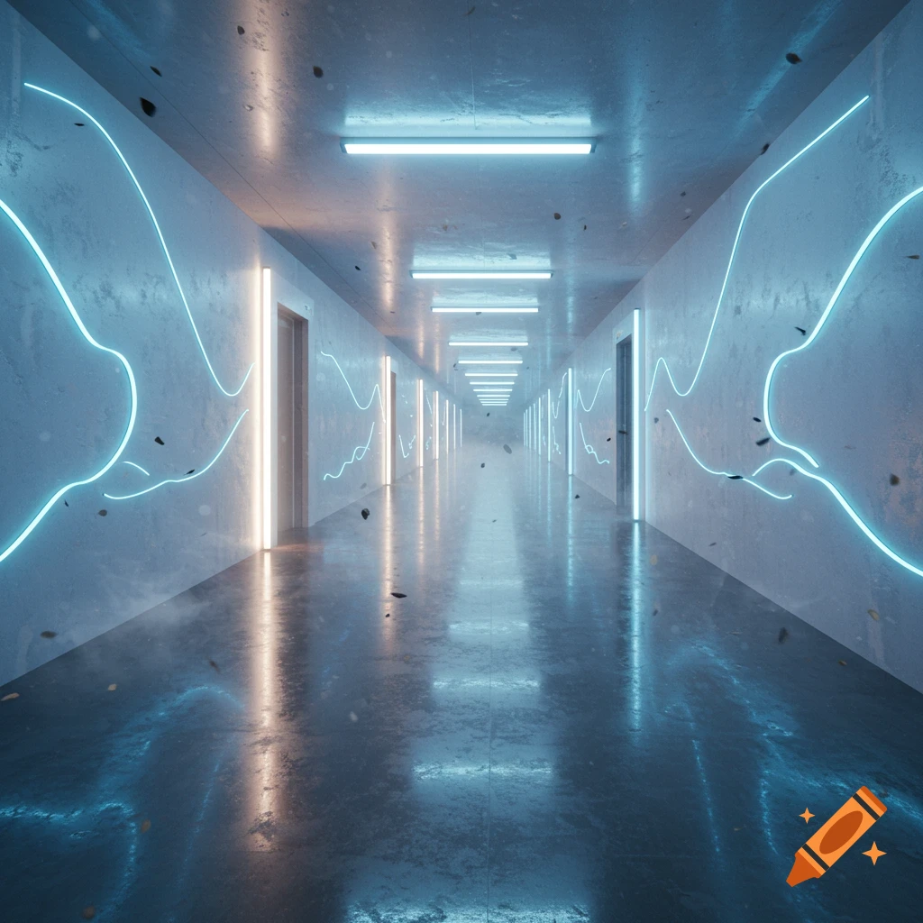 A long, concrete hallway with glowing blue and orange neon light strips and abstract wavy patterns on the walls, with debris floating in the air.