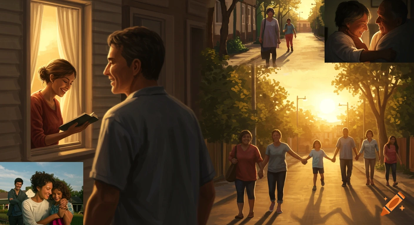 A montage of people connecting, including a woman reading by a sunlit window, an older couple embracing, and a family walking together at sunset.