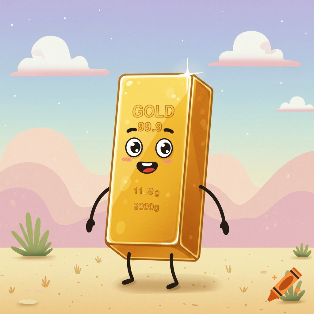 A cute cartoon gold bar character with a smiling face and stick limbs stands in a desert landscape.