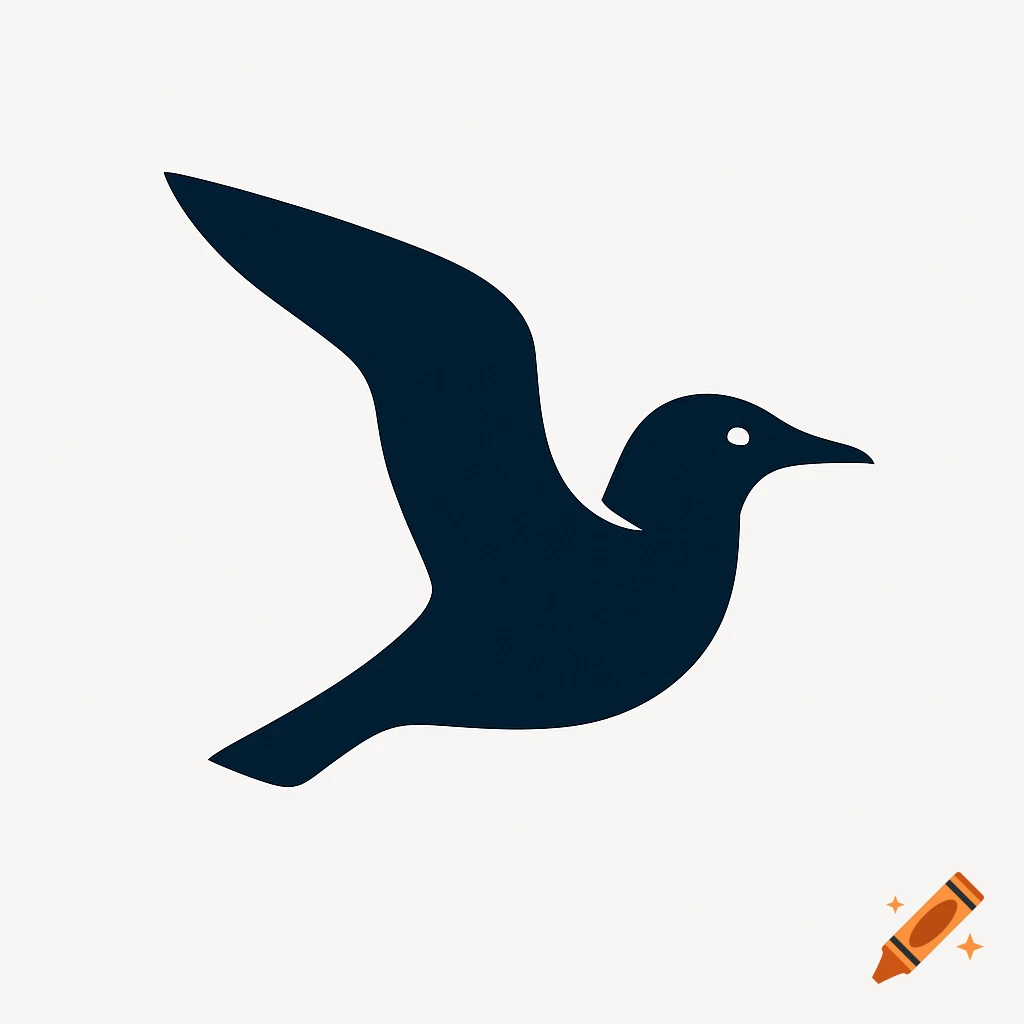 A dark blue, minimalist silhouette of a seagull in flight against a light background.