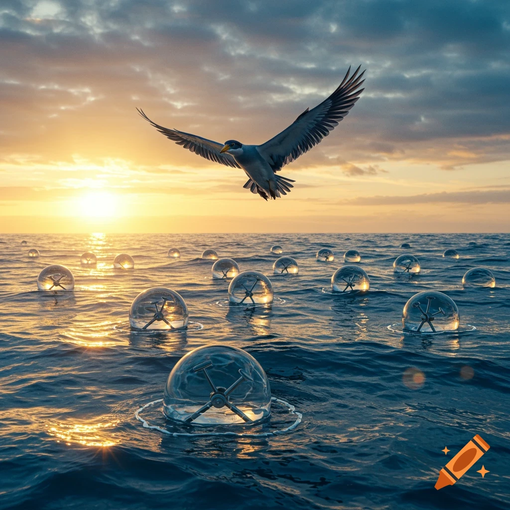A seabird flies over an ocean filled with clear bubbles containing metal jacks at sunset, with a surreal aesthetic.