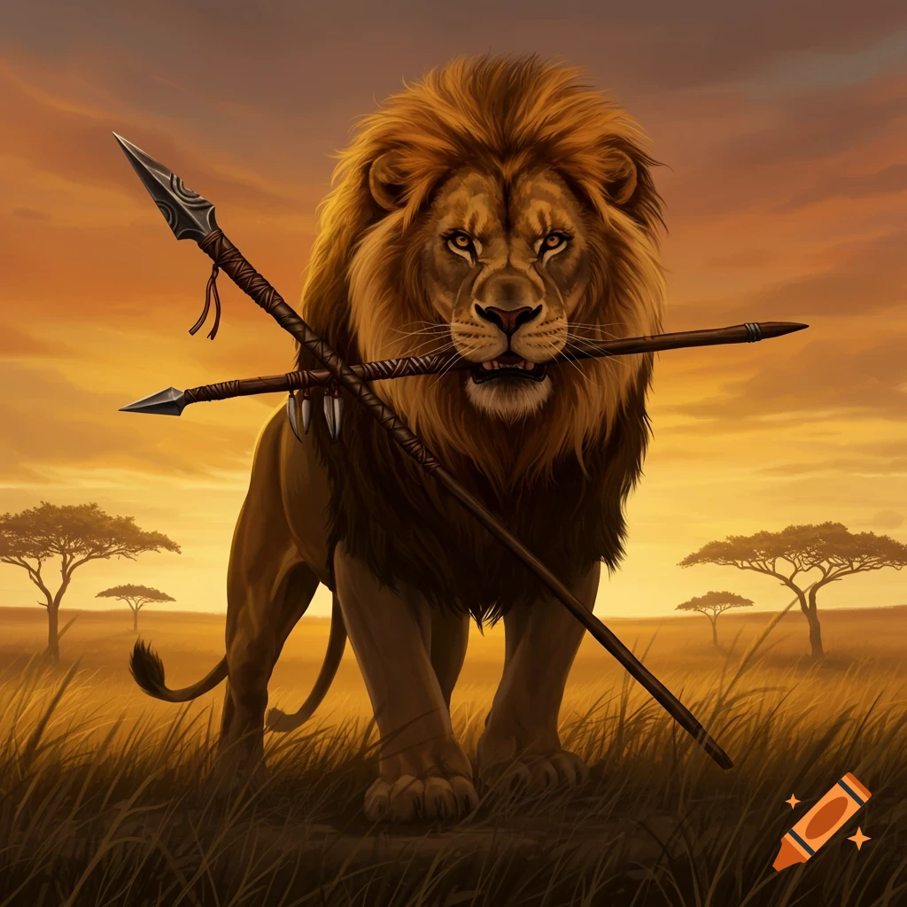 Digital painting of a powerful lion holding two spears in its mouth, standing in a golden savanna at sunset.