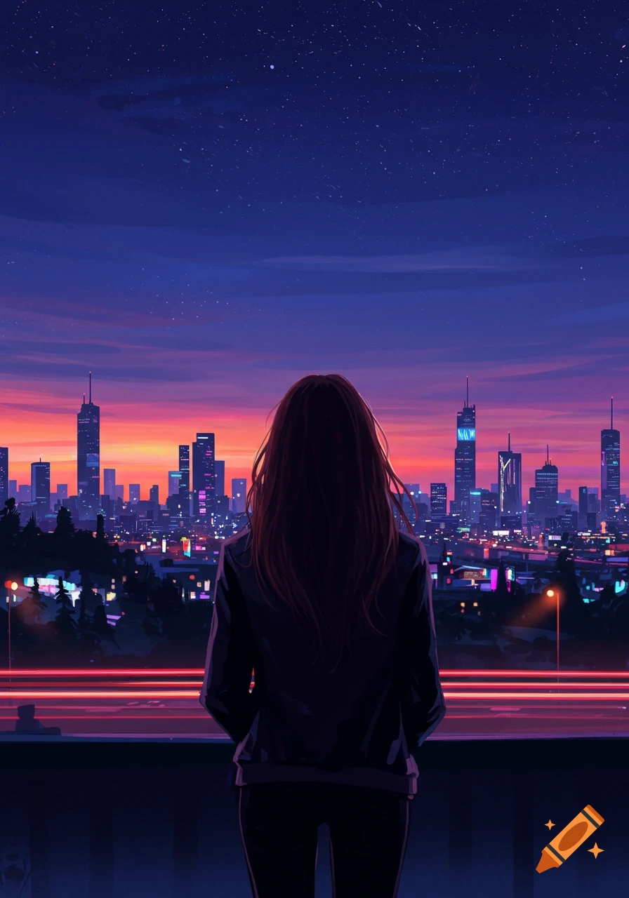 Anime style woman viewed from behind, gazing at a vibrant city skyline at dusk under a starry sky.