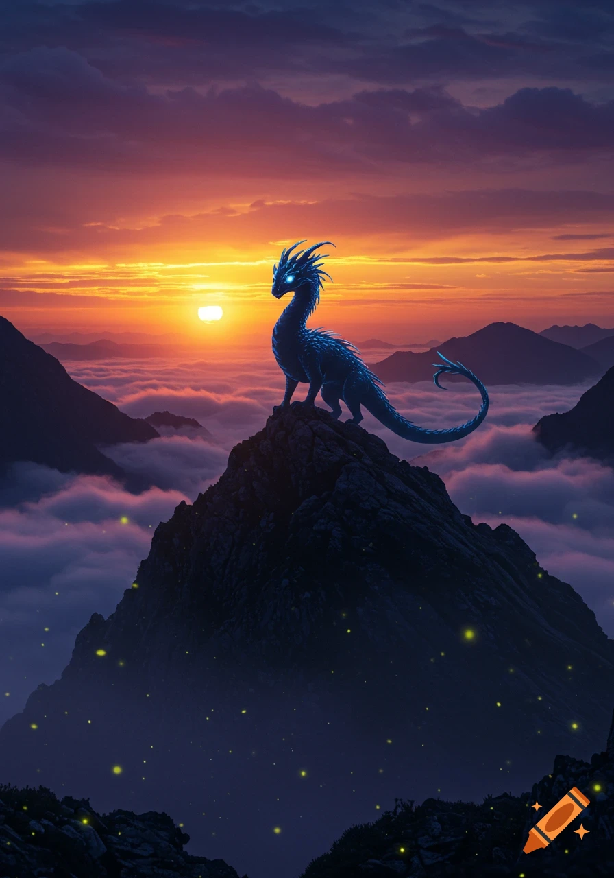 A glowing blue dragon stands atop a jagged mountain peak, bathed in the light of a vibrant orange sunset over a sea of clouds.