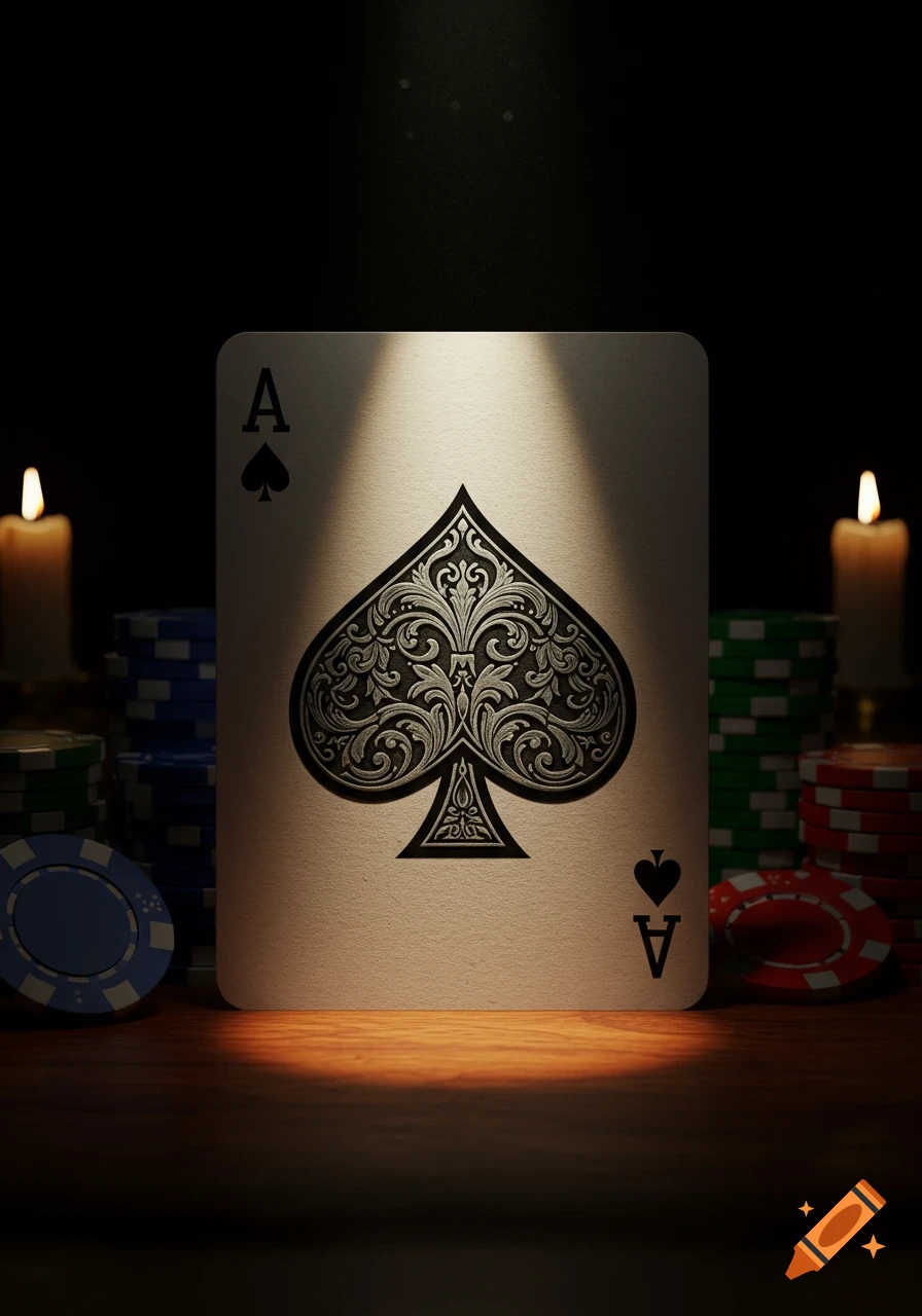 Photorealistic ace of spades playing card stands on a dark wooden table, surrounded by poker chips and lit candles, with dramatic lighting.