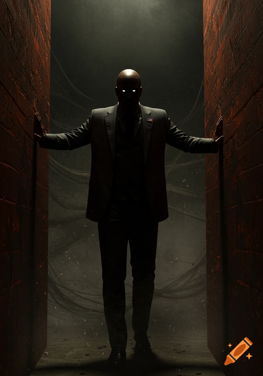 A mysterious bald man in a suit with glowing white eyes pushes against two dark, closing walls in a narrow, ominous passage.
